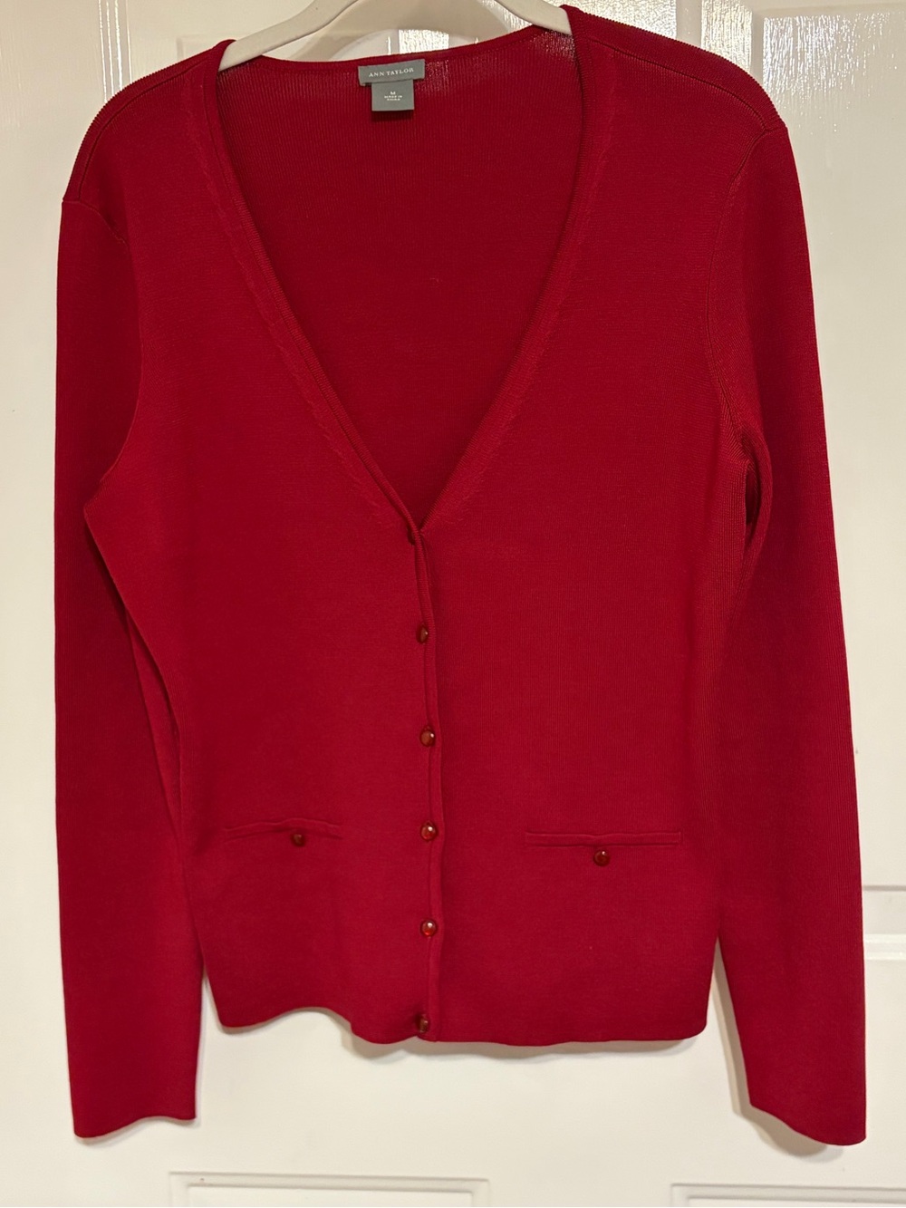 Ann Taylor Dark Red Lightweight Deep V-Neck Button-Pocket Cardigan Size Medium
